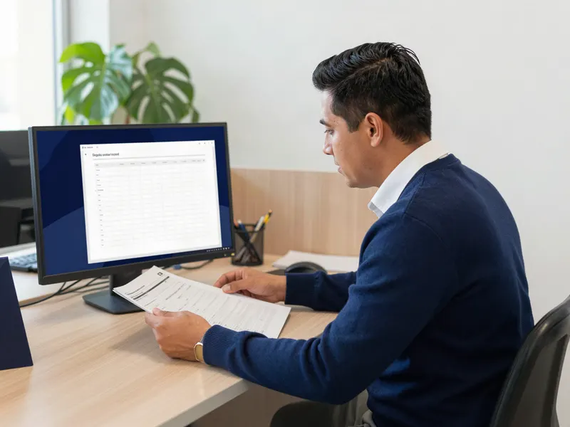 Un coordinador revisa expedientes de alumnos en su computadora.